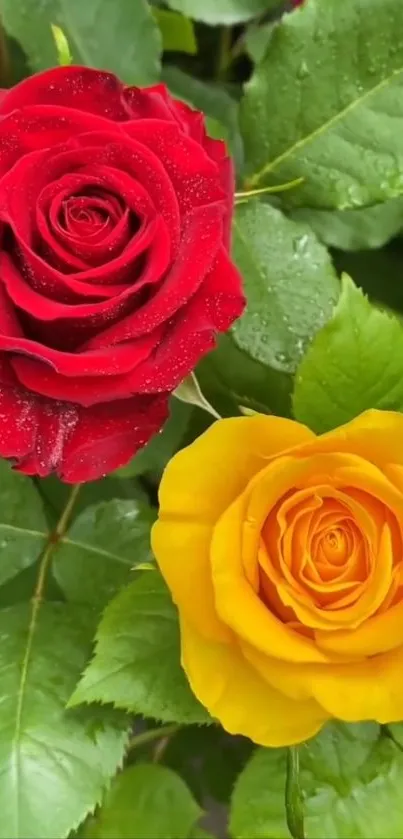 Red and yellow roses with green leaves.