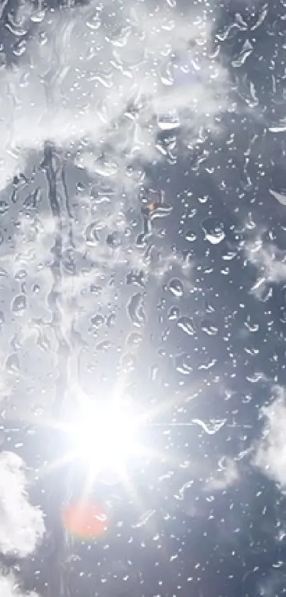 Rain drops on glass with sun shining through clouds.