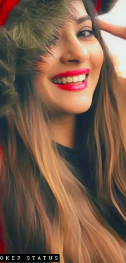 Woman smiling in a red fur hat, close-up portrait.