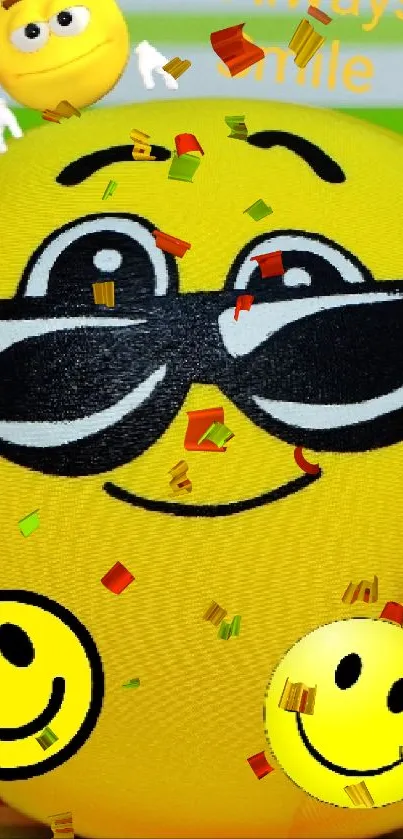 Cool smiley face with sunglasses on colorful striped background.