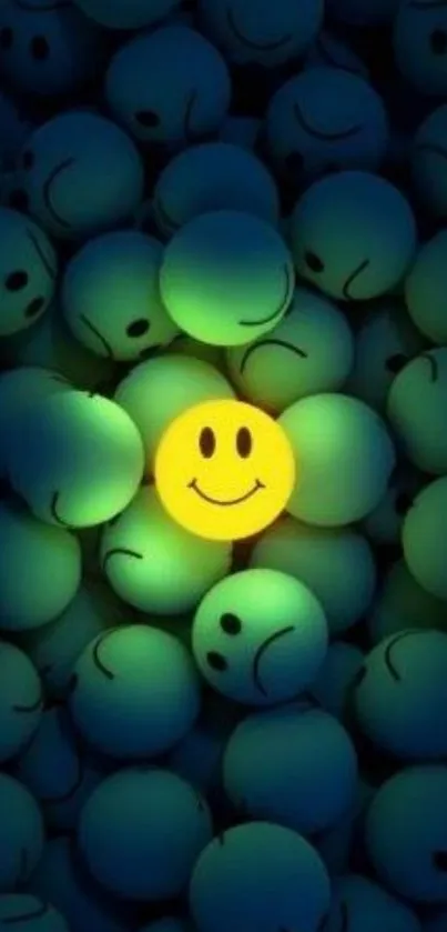 Bright yellow smiley face among darker balls on wallpaper.