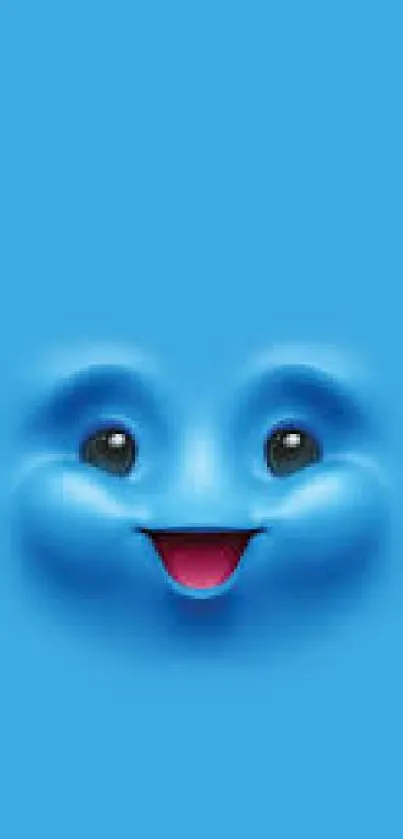 Bright blue background with a smiling face design.