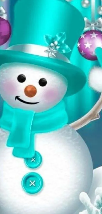 Cheerful snowman with turquoise hat and scarf in winter setting.