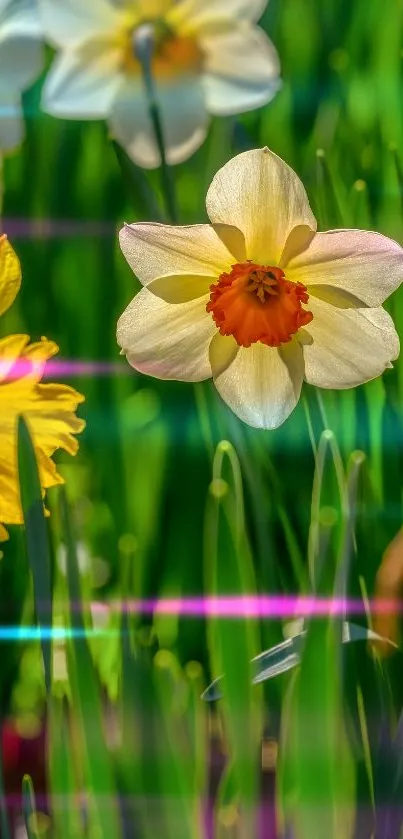 Vibrant daffodil flowers in lush green grass background.