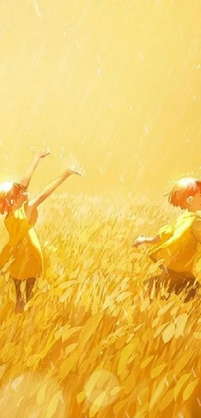 Two children playing in a golden field under sunshine.