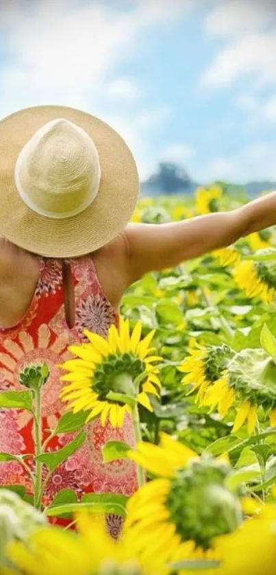 A person in a hat embraces vibrant sunflowers in a sunny field.