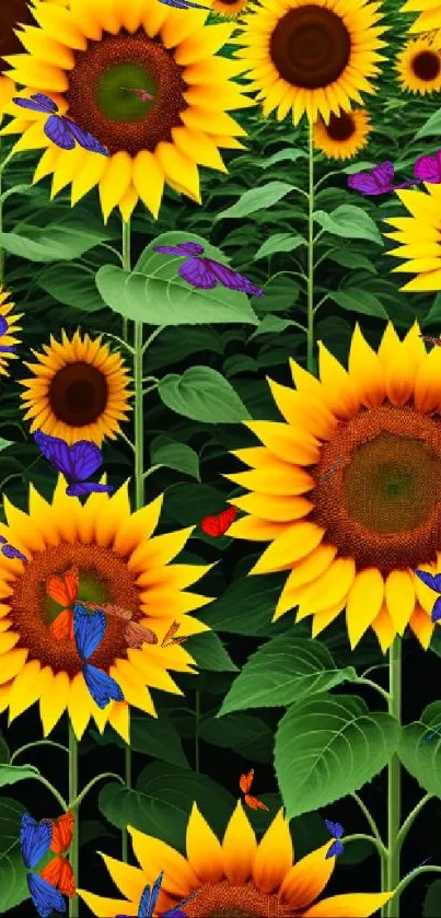 Bright sunflowers and green leaves wallpaper design.