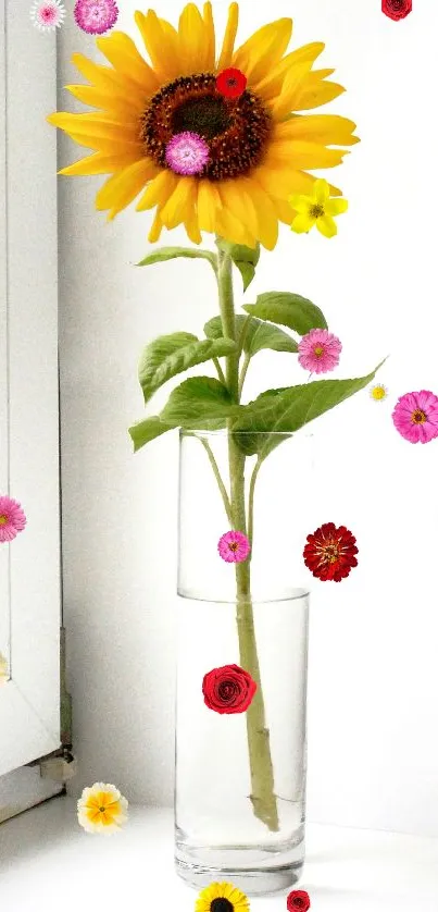 A single sunflower in a clear vase on a white background.