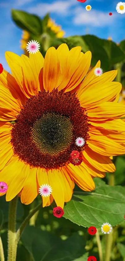 Vibrant sunflower with colorful floral accents against a blue sky.