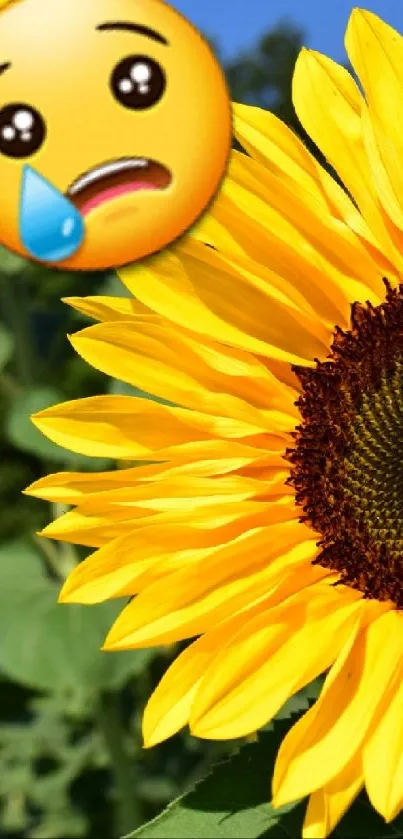 Vibrant sunflower field with crying emoji expression.