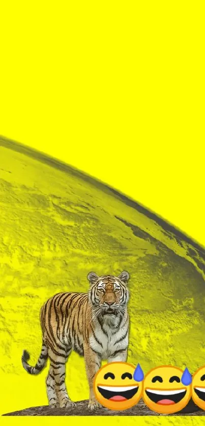 Bright yellow wallpaper with tiger and laughing emojis.