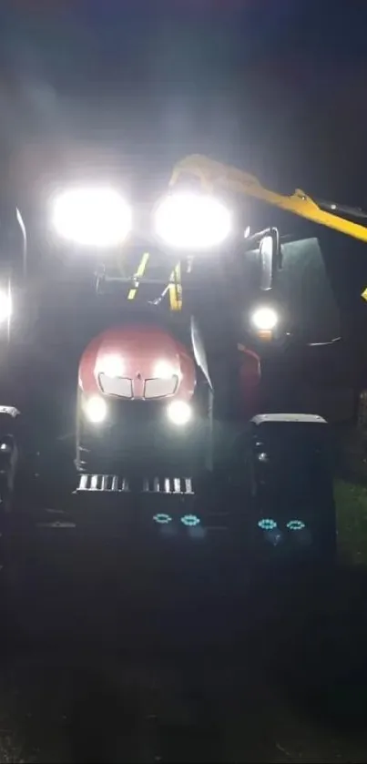 Tractor with bright LED lights during nighttime farming.