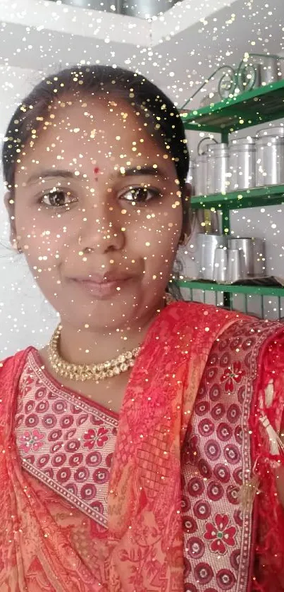 Bright red traditional woman in kitchen background.