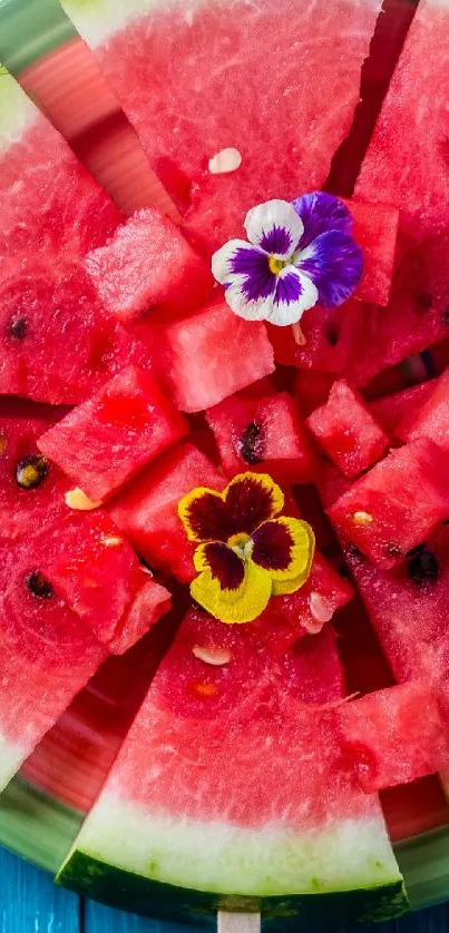 Vibrant watermelon slices with colorful flowers creating a summer-themed background.