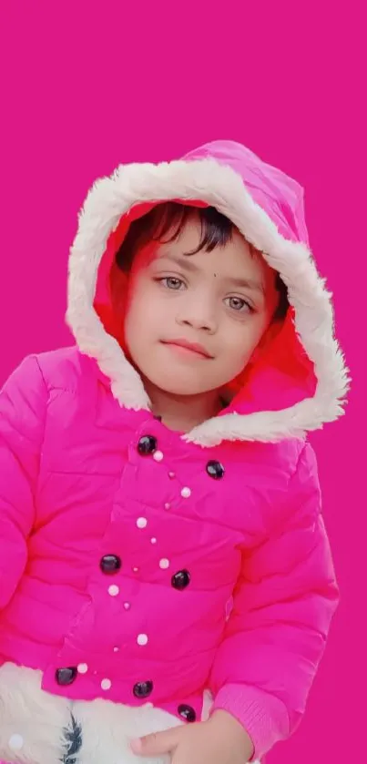 Child in pink winter coat with vibrant background.