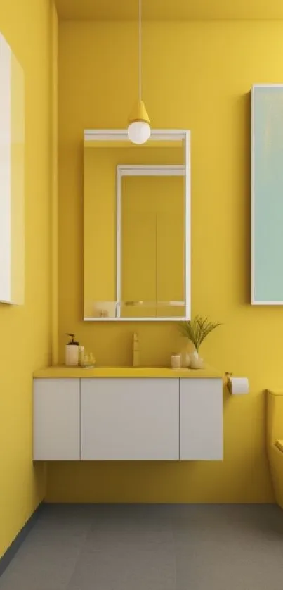 Bright yellow bathroom with modern fixtures and stylish decor elements.