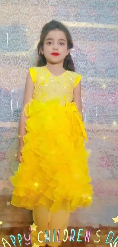 Girl in a bright yellow dress celebrating Children's Day.