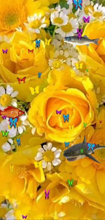 Vibrant yellow roses and daisies mobile wallpaper.