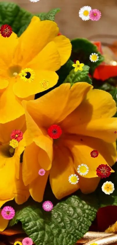 Vibrant yellow flowers in a basket with green leaves and wooden background.