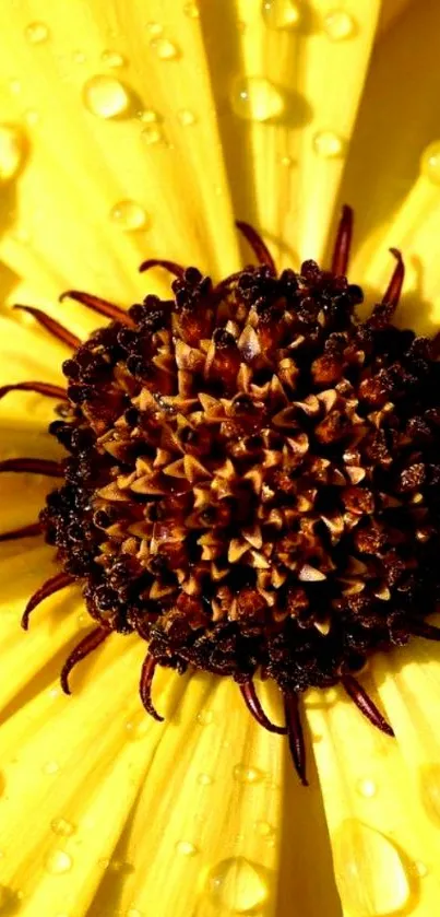 Close-up of a yellow flower with dew drops on its petals.