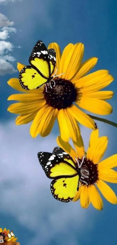 Yellow flowers and butterflies under a blue sky.