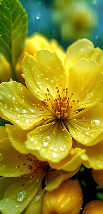Close-up of vibrant yellow flowers with raindrops.
