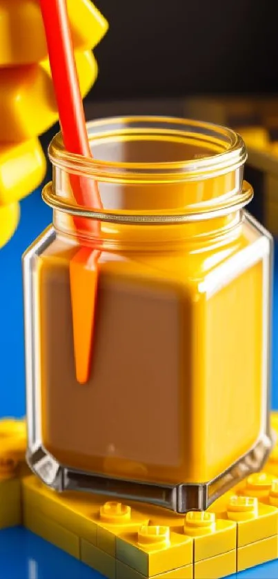 Bright yellow LEGO block artwork with a jar and red handle.