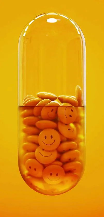 Yellow pill filled with smiley faces on a bright background.