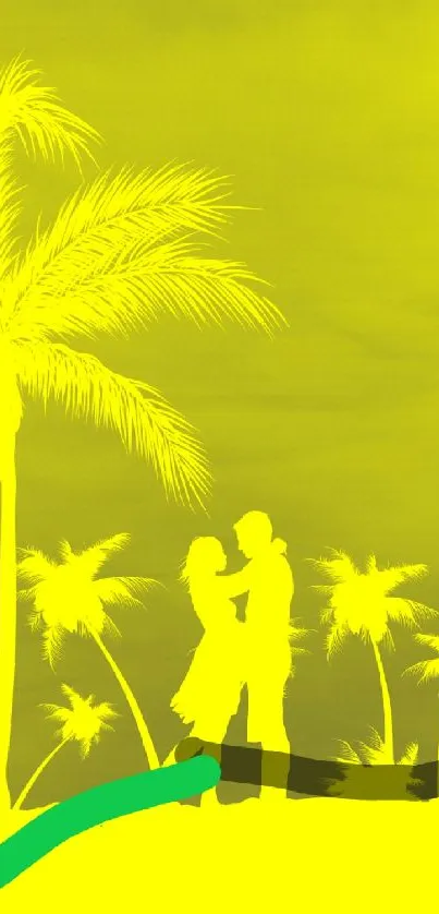 Vibrant yellow tropical scene with couple silhouette under palm trees.