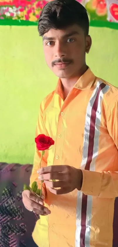 Man in orange shirt holding a red rose against a green background.