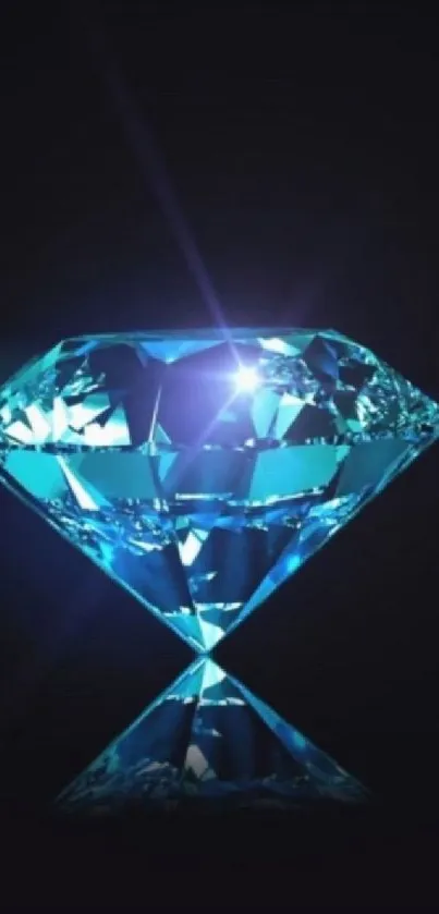 Blue diamond with sparkling facets and reflections on a dark background.