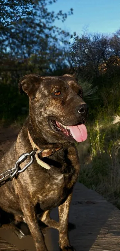 Brindle dog with tongue out in natural setting wallpaper.