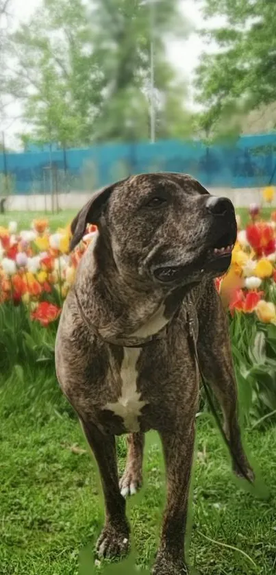 Brindle dog standing in a vibrant tulip field with lush greenery.