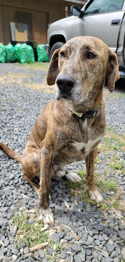 Brindle dog sitting on gravel road, next to a parked car.