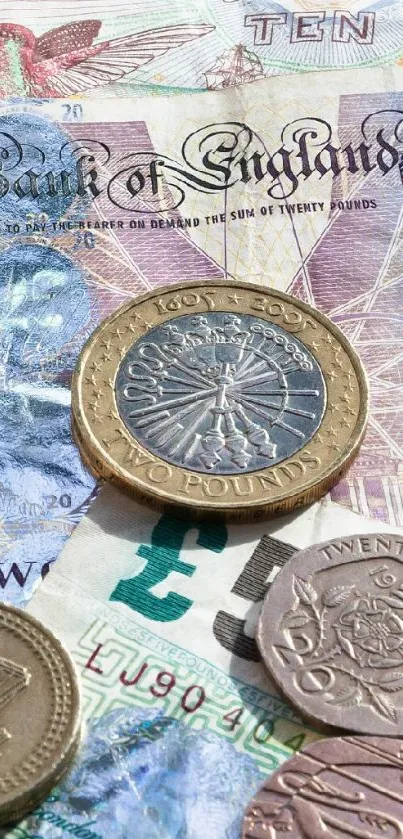 Close-up of British coins and banknotes featuring detailed designs.