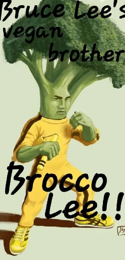 Brocco Lee character with broccoli head, funny martial arts wallpaper.