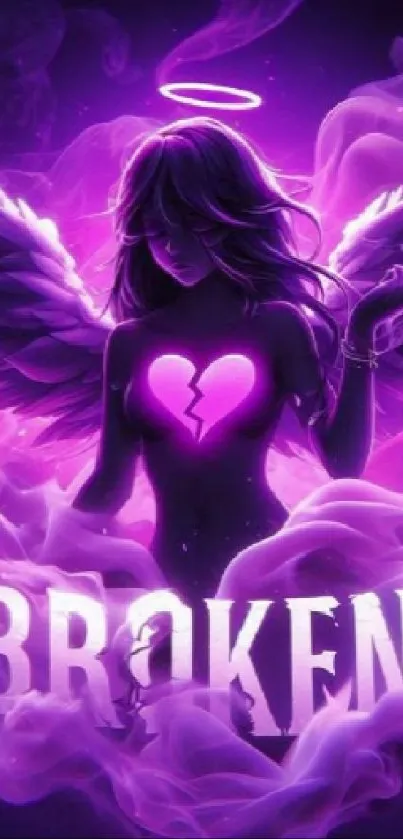 Purple angel with wings and broken heart on mobile wallpaper.