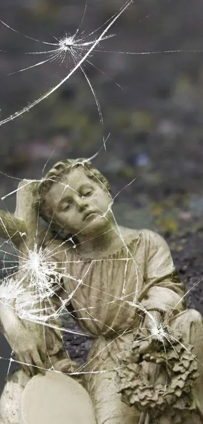 Serene angel statue with broken glass overlay.