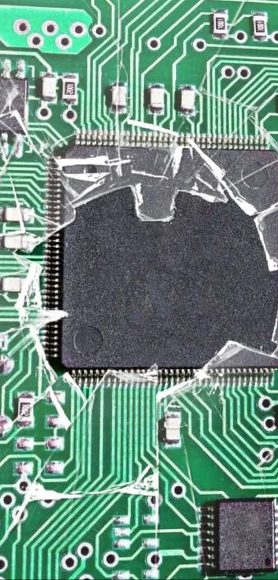 Broken circuit board with green patterns and cracked chip.