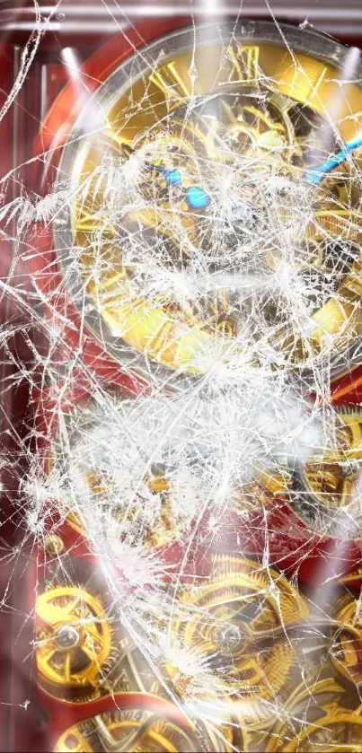 Broken clock with gold gears and shattered glass on a red background wallpaper.