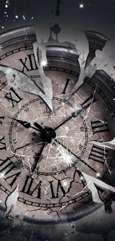 Shattered clock face wallpaper in dark tones.