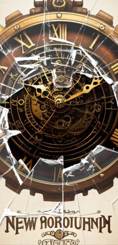 Steampunk broken clock with shattered glass design.