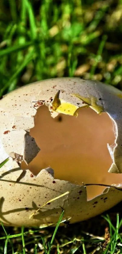 A broken eggshell lying on vibrant green grass.