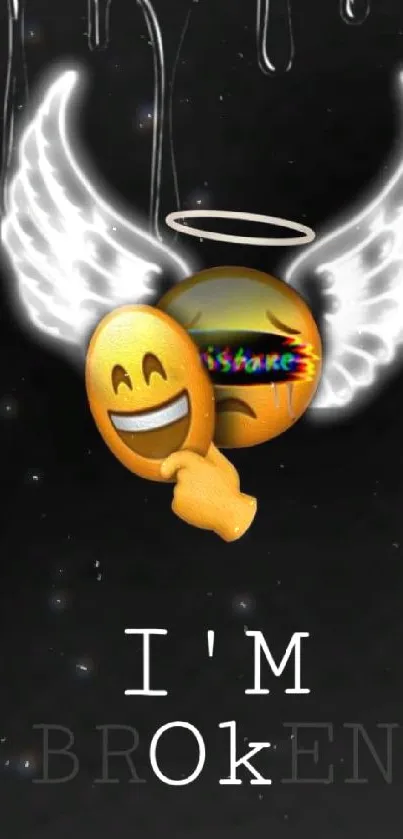 Broken emoji with angel wings on a black background.