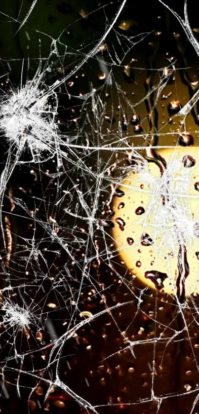 Shattered glass with raindrops in front of a glowing golden background.