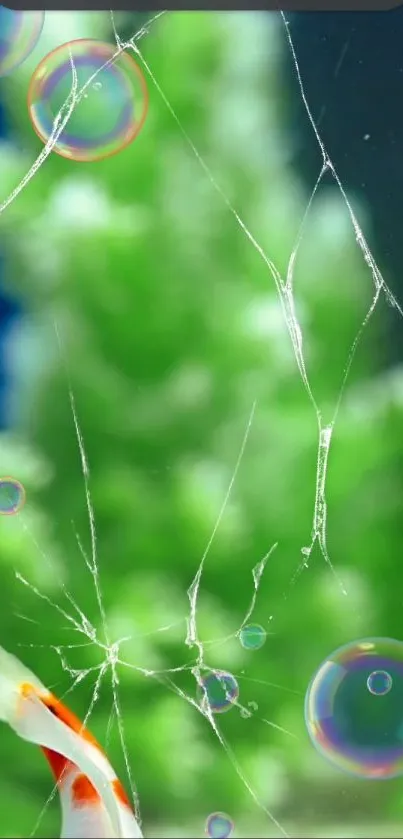 Broken glass with vibrant bubbles overlaying a green background.