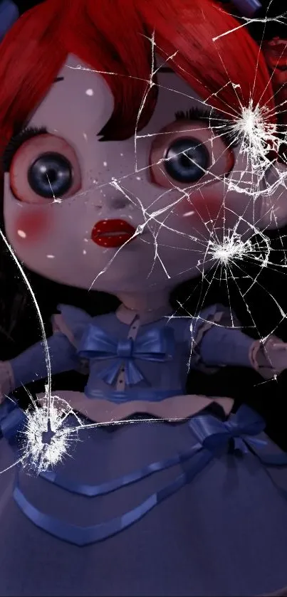 Eerie doll with cracked glass effect and red hair on mobile wallpaper.