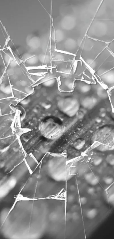 Shattered glass with droplets on mobile wallpaper in gray tones.