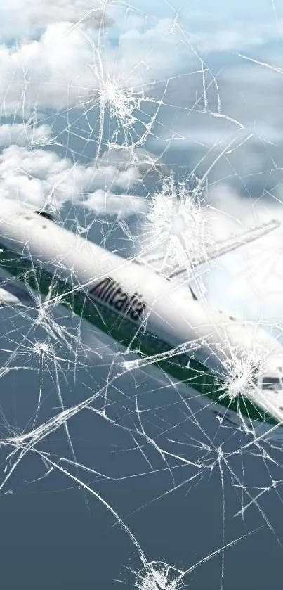 Plane flying through cracked glass sky design.