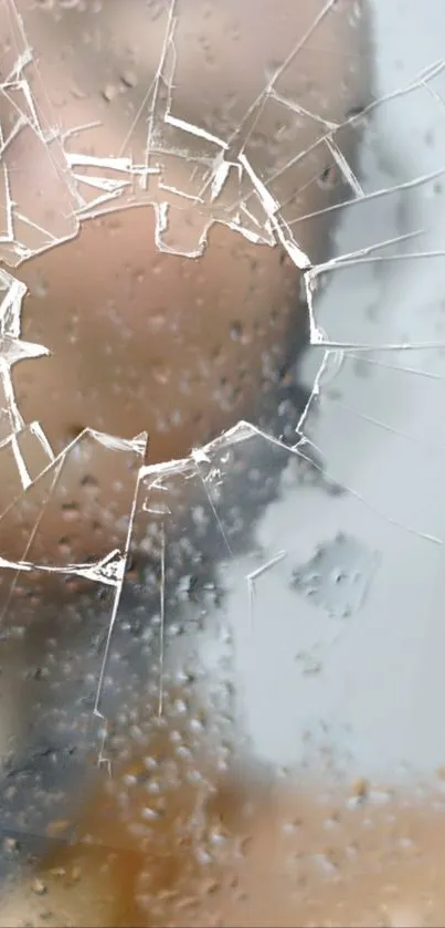 A close-up of shattered glass with raindrops on a mobile wallpaper.